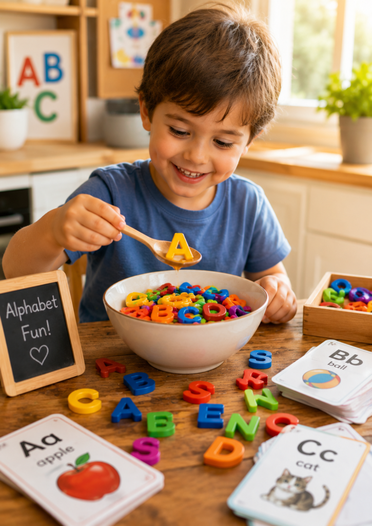 Children playing an alphabet soup game with letters to practice alphabet recognition and early literacy skills.