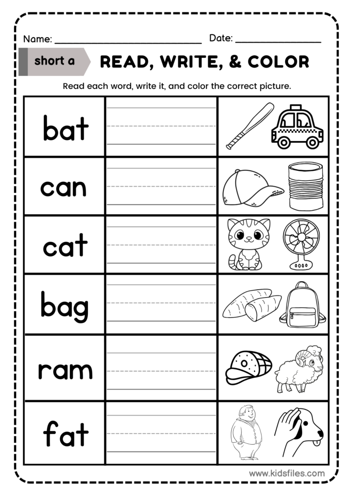 Short A vowel read and write and color worksheet for preschool and kindergarten phonics practice