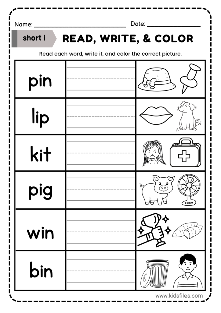Short I vowel read and write and color worksheet for preschool and kindergarten phonics practice