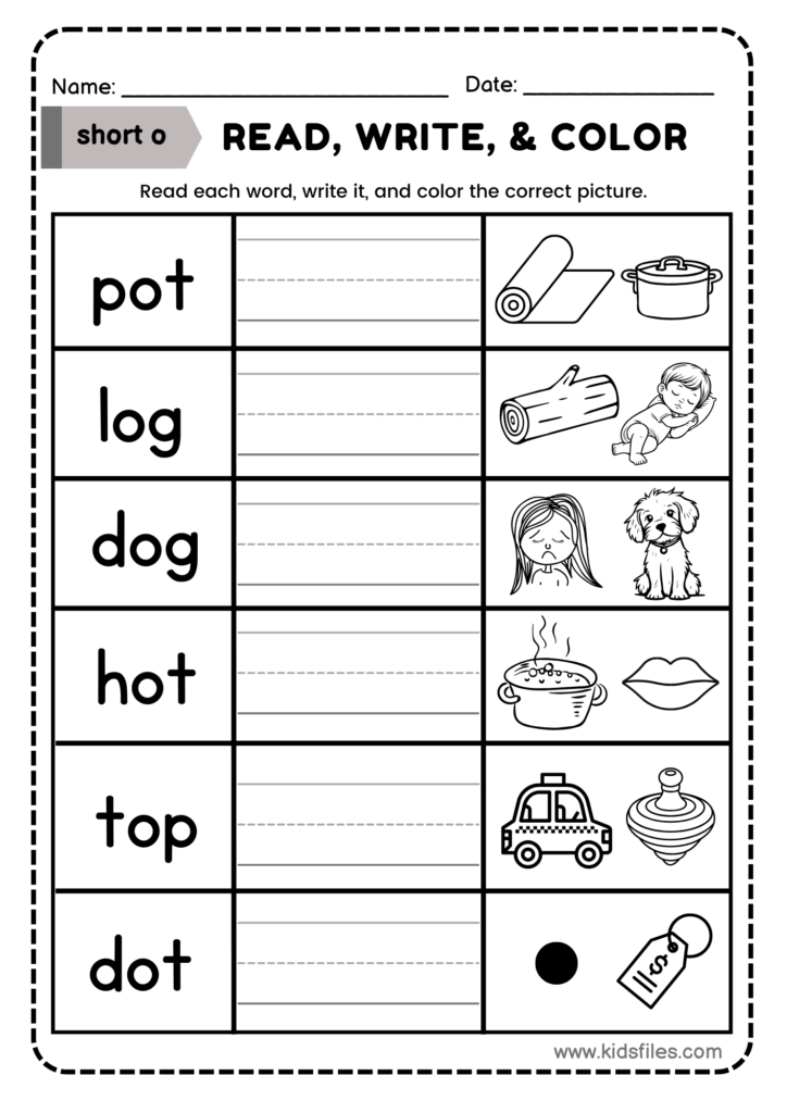 Short O vowel read and write and color worksheet for preschool and kindergarten phonics practice