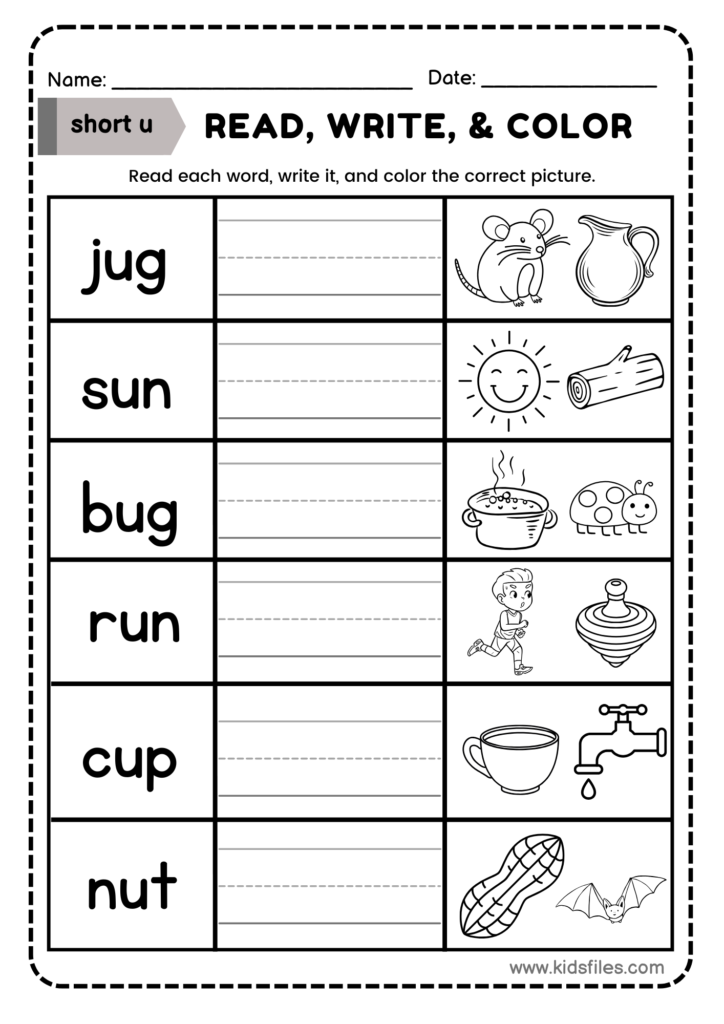 Short U vowel read and write and color worksheet for preschool and kindergarten phonics practice