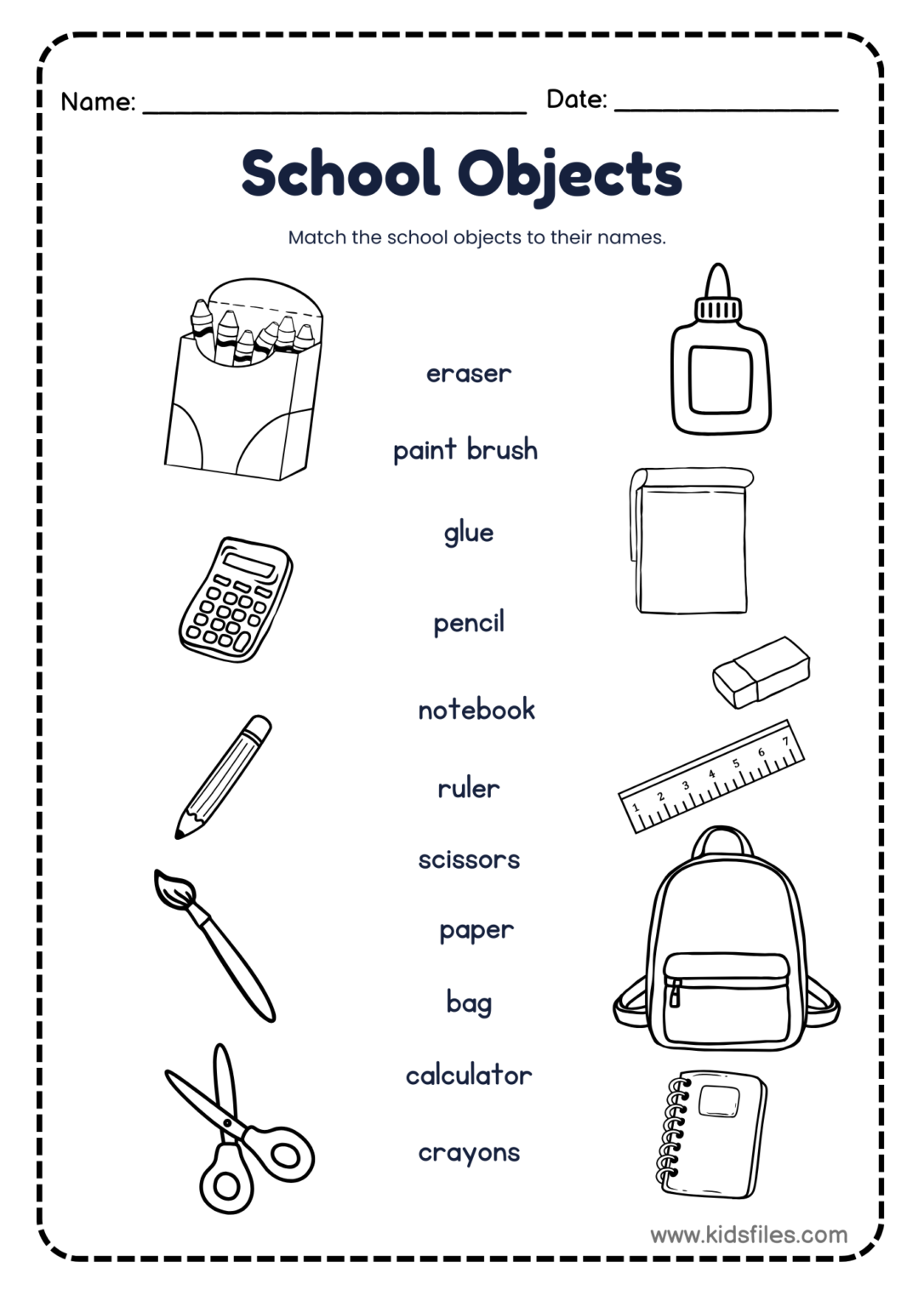 Free Printable: School Objects Matching Worksheet – Kids Files