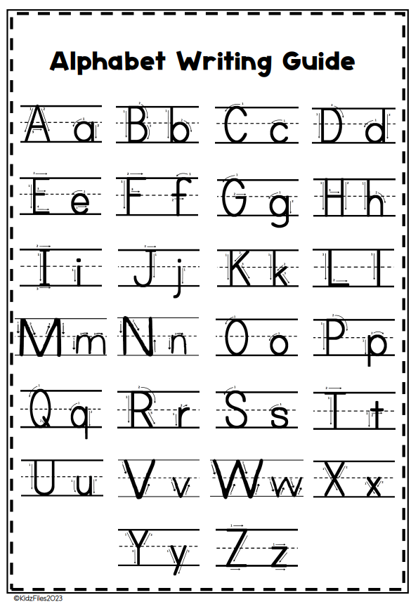Handwriting chart showing uppercase and lowercase alphabet letters for kids.
