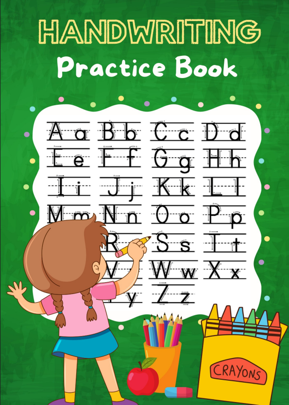 Handwriting practice book for kids with letter tracing pages to improve writing skills.