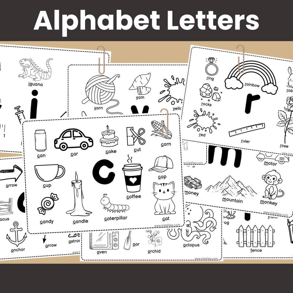 Alphabet letters printable worksheets featuring black-and-white illustrated vocabulary cards for early learners.