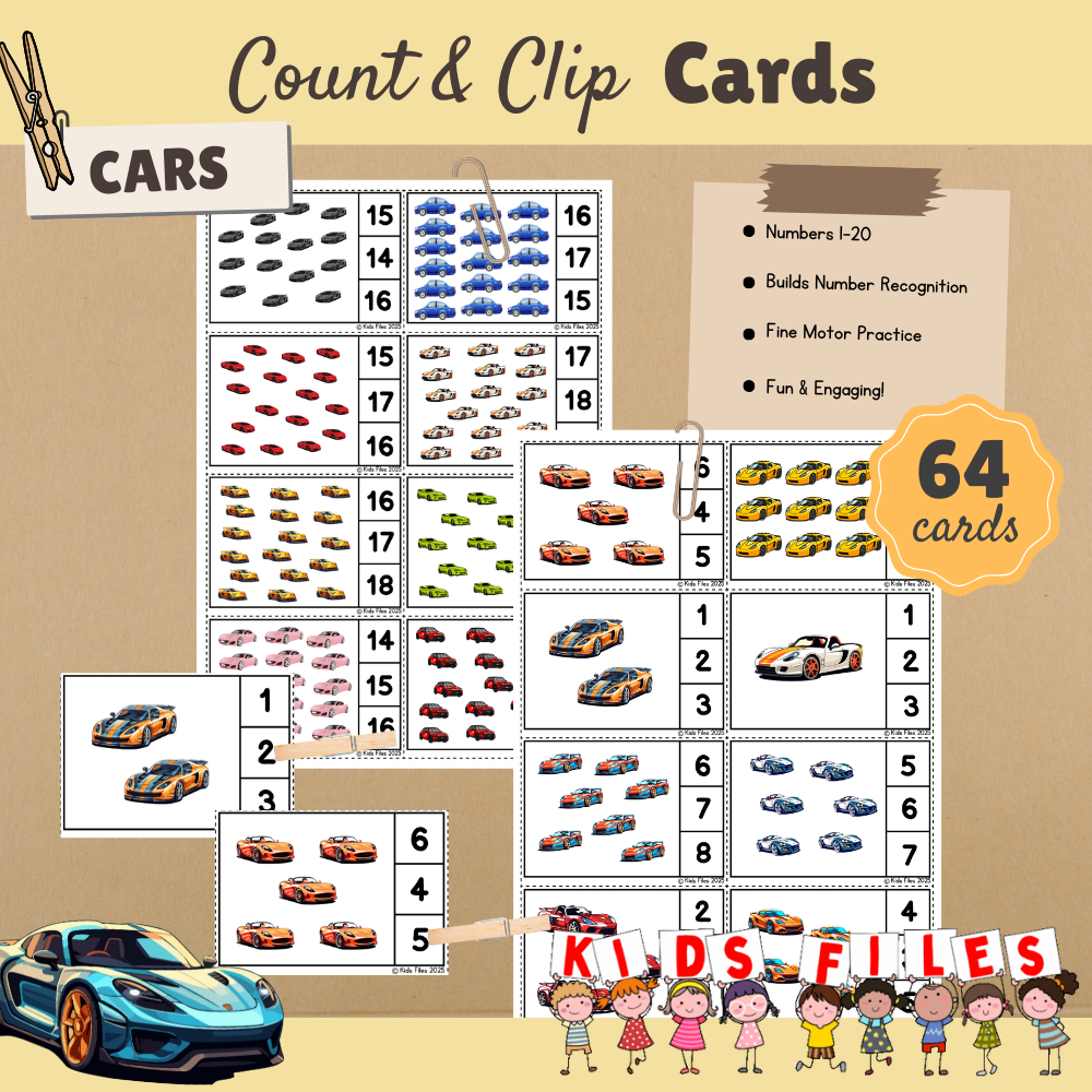 Car themed count and clip cards for number recognition and fine motor practice