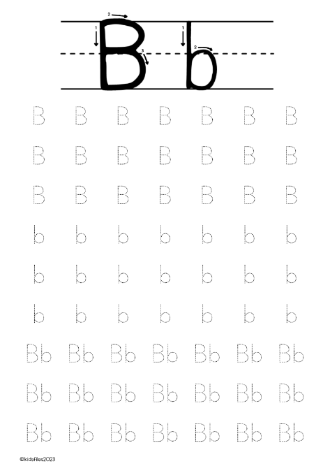 Alphabet writing worksheet for letter B with tracing practice for kids.