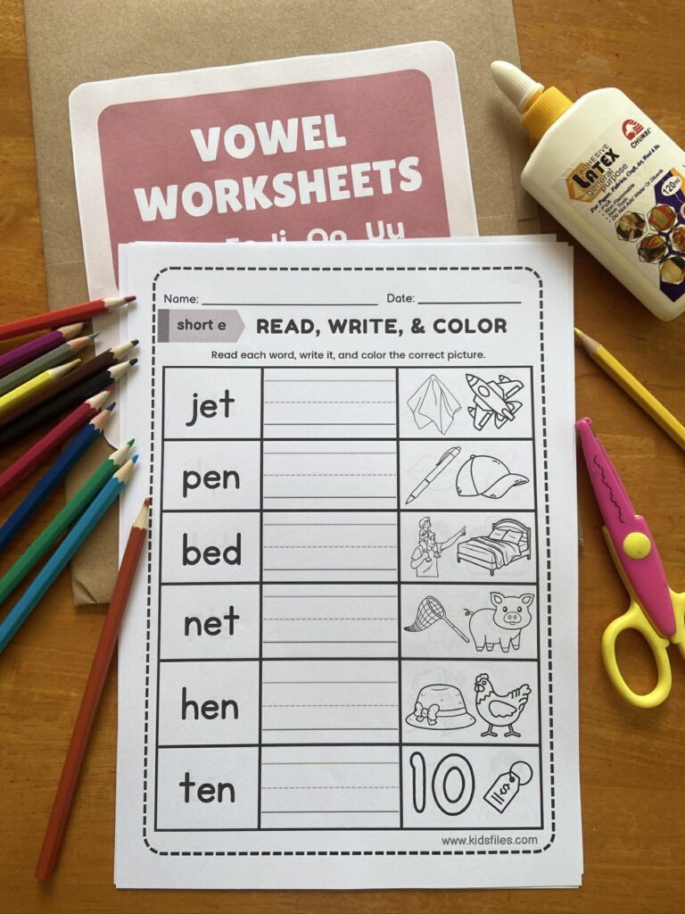 Short E vowel worksheet for kindergarten and preschool students to practice short e sound and cvc words