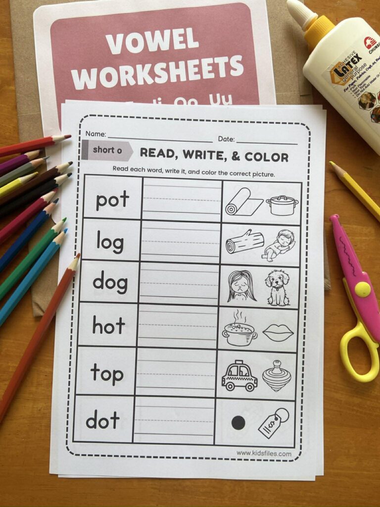 Short O vowel worksheet for kindergarten and preschool students to practice short e sound and cvc words