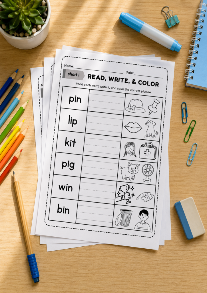 Short I vowel worksheet for kindergarten and preschool students to practice short e sound and cvc words