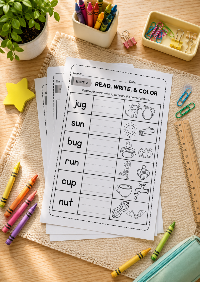 Short U vowel worksheet for kindergarten and preschool students to practice short e sound and cvc words