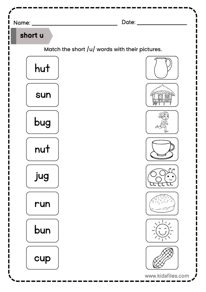Short U matching worksheet for preschool and kindergarten children featuring CVC words and picture matching activities.
