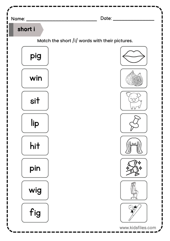 Short I matching worksheet for preschool and kindergarten children featuring CVC words and picture matching activities.
