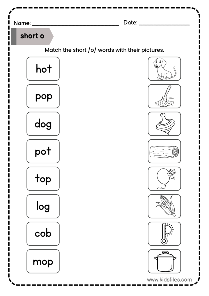 Short O matching worksheet for preschool and kindergarten children featuring CVC words and picture matching activities.