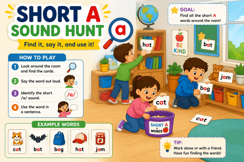 Short A sound hunt phonics activity for kindergarten and ESL students finding and reading short a CVC words around the classroom