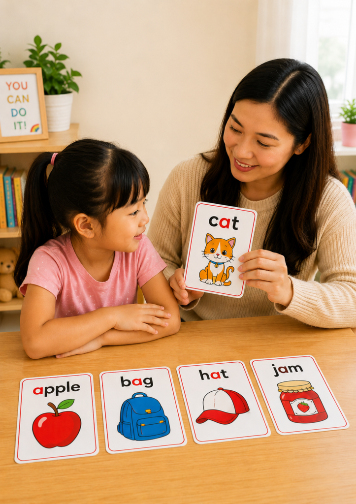 Teacher using short A flashcards with a preschool child to practice CVC words including cat, apple, bag, hat, and jam.