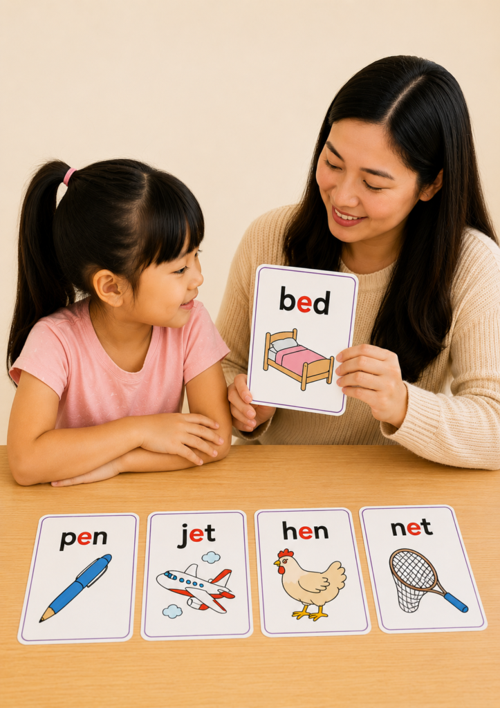 Teacher using short E flashcards with a preschool child to practice CVC words including bed, pen, jet, hen, and net.
