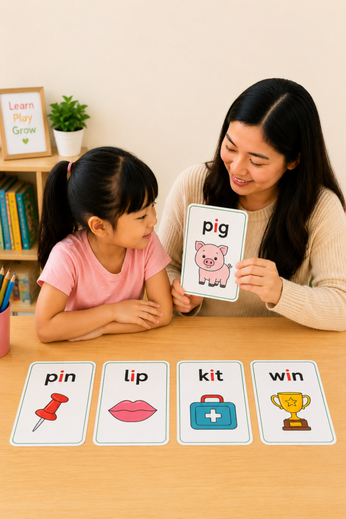 Teacher using short I flashcards with a preschool child to practice CVC words including pig, pin, lip, kit, and win.
