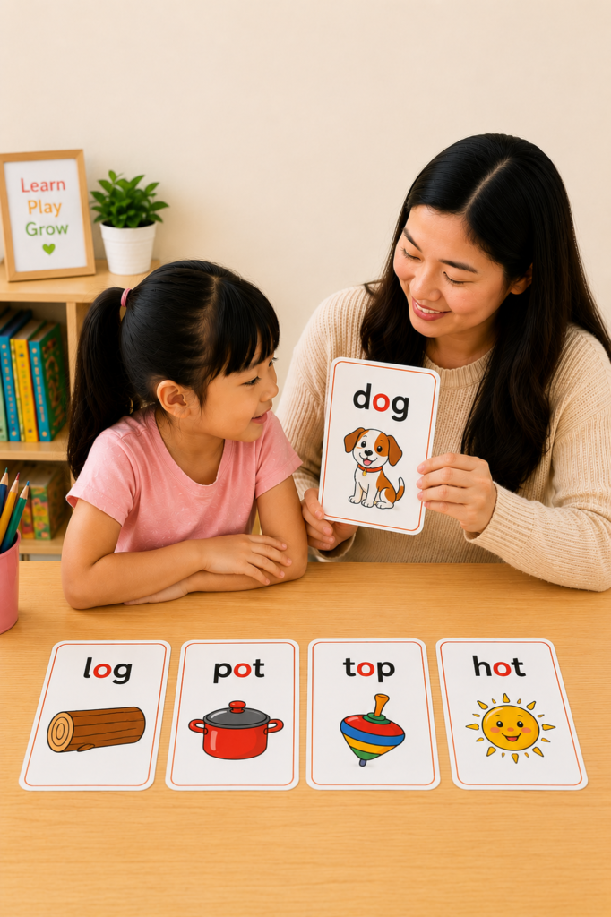 Teacher using short O flashcards with a preschool child to practice CVC words including dog, log, pot, top, and hot.