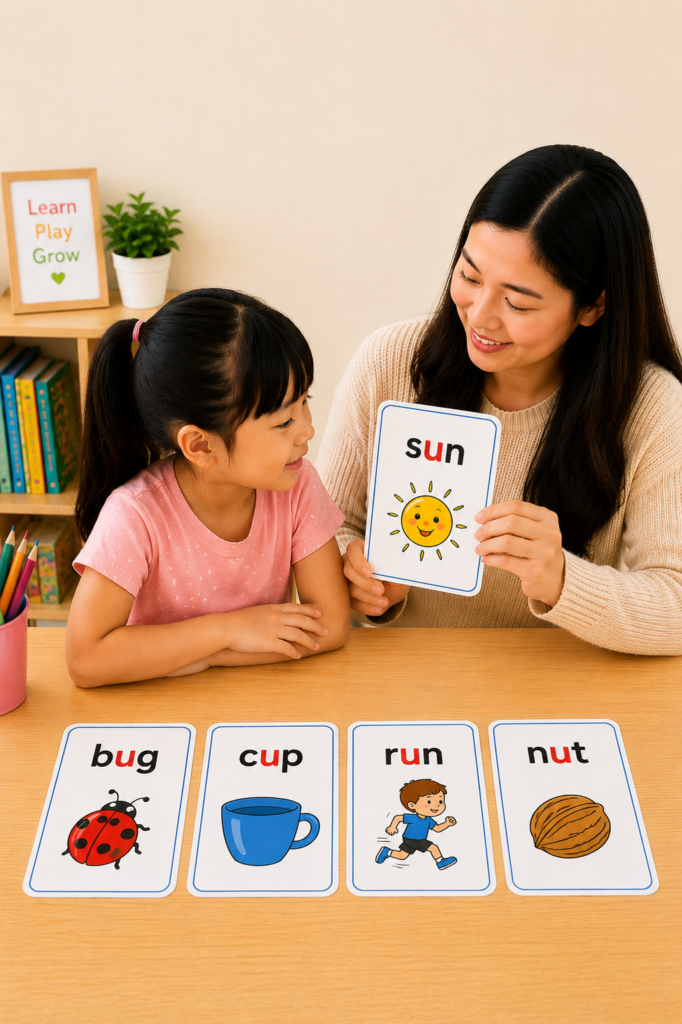 Teacher using short U flashcards with a preschool child to practice CVC words including sun, bug, cup, run, and nut.