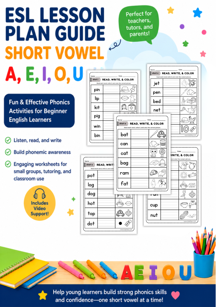Colorful ESL Lesson plan guide featuring short vowel A, E, I, O, U worksheets with phonics activities and video support for beginner English learners.