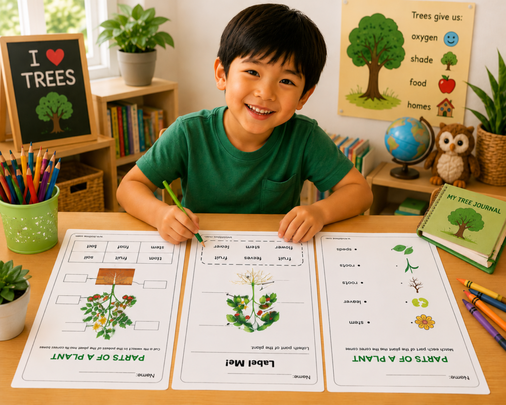 Happy child learning the parts of a plant using printable worksheets from Kids Files.