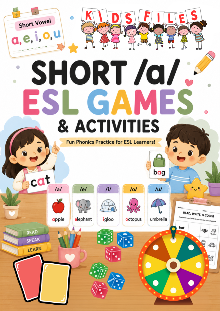 Colorful A4 poster featuring short /a/ ESL games and activities with phonics picture cards, worksheets, and vocabulary examples for beginner English learners.