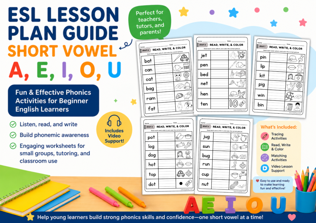 Colorful ESL lesson plan guide poster featuring short vowel worksheets for A, E, I, O, and U with phonics activities and video support for beginner English learners.