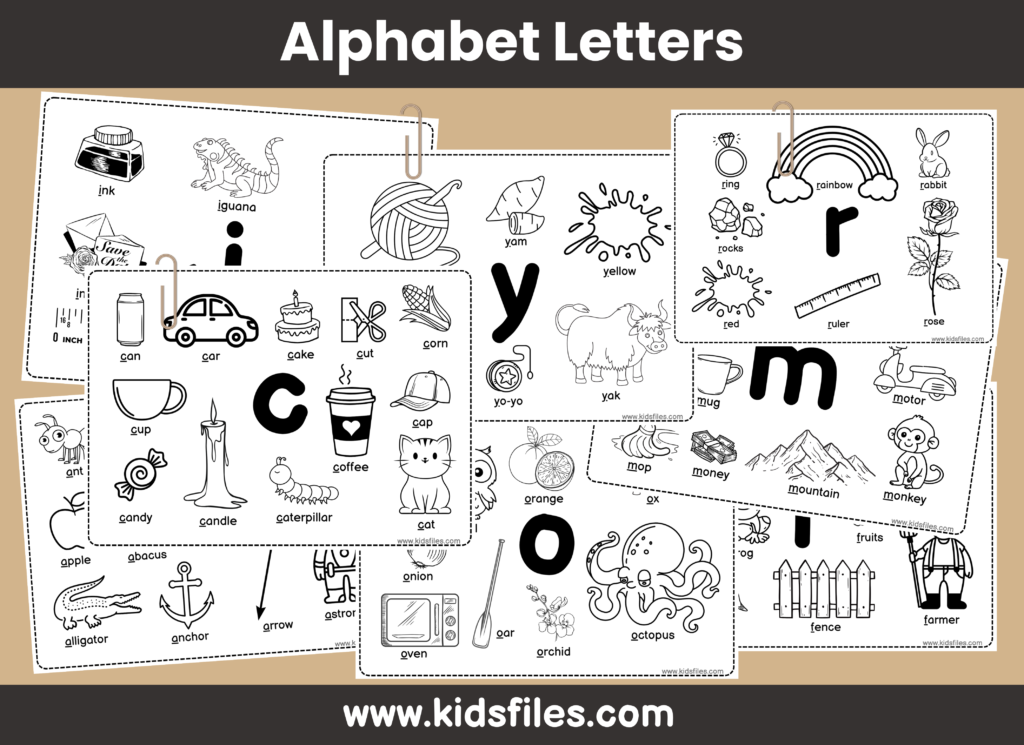 Alphabet letters printable worksheets featuring black-and-white illustrated vocabulary cards for early learners.