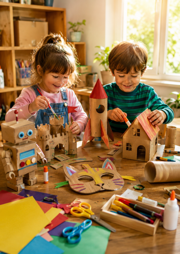 Two preschool children creating colorful cardboard crafts at a table with a robot, castle, rocket ship, house, and animal mask made from recycled materials.