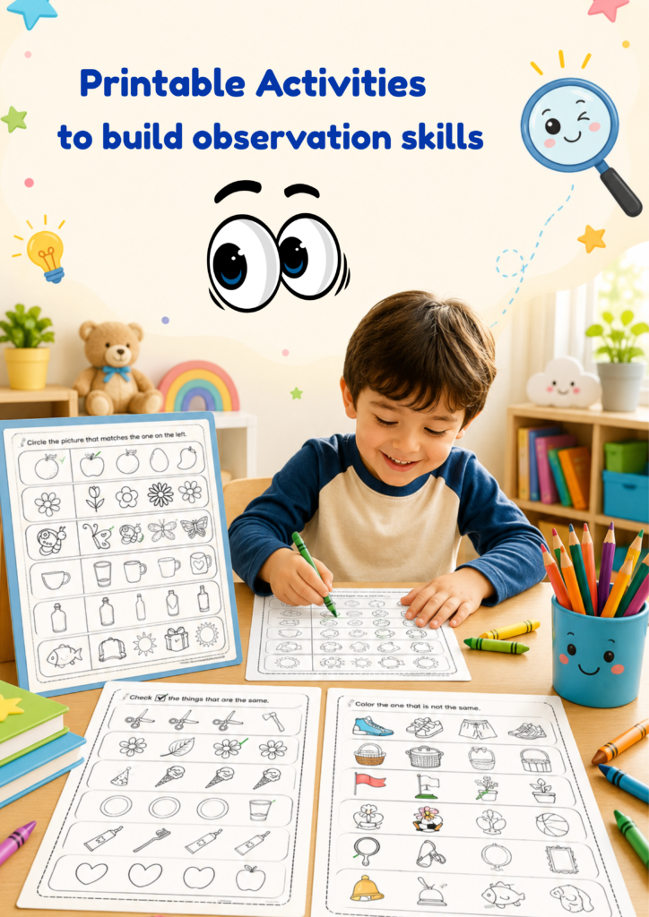 Happy preschool boy completing visual discrimination worksheets with crayons and colored pencils at a table in a bright classroom.
