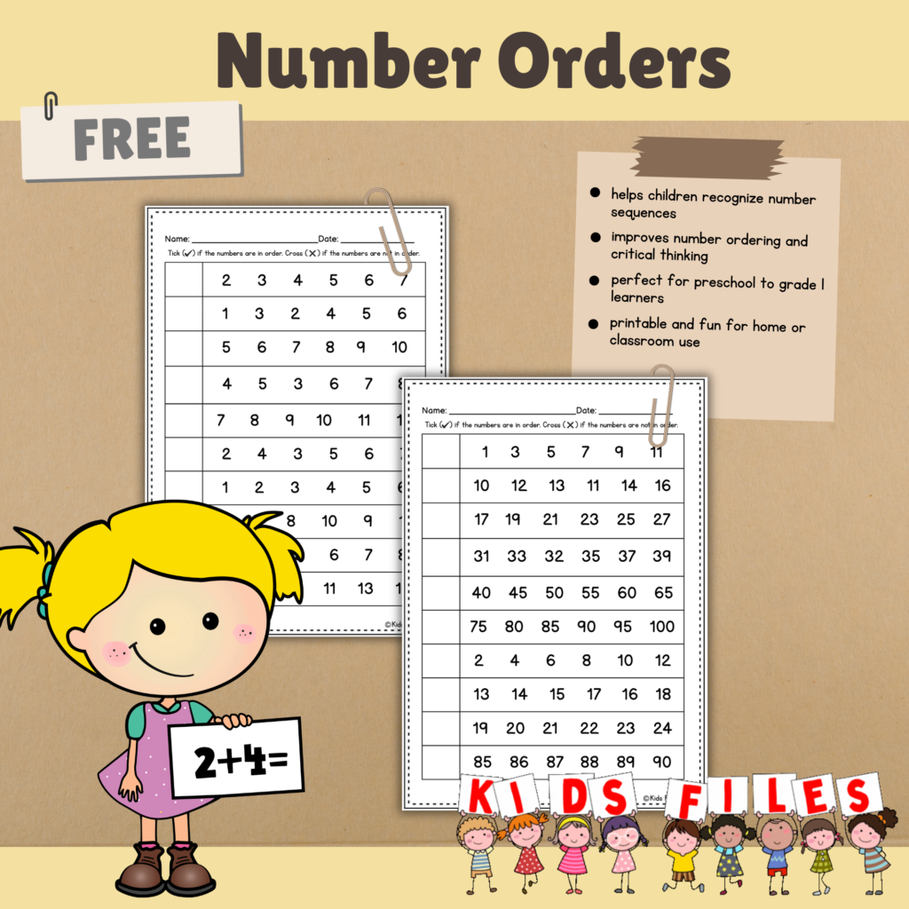 Free printable number order worksheets for early math practice