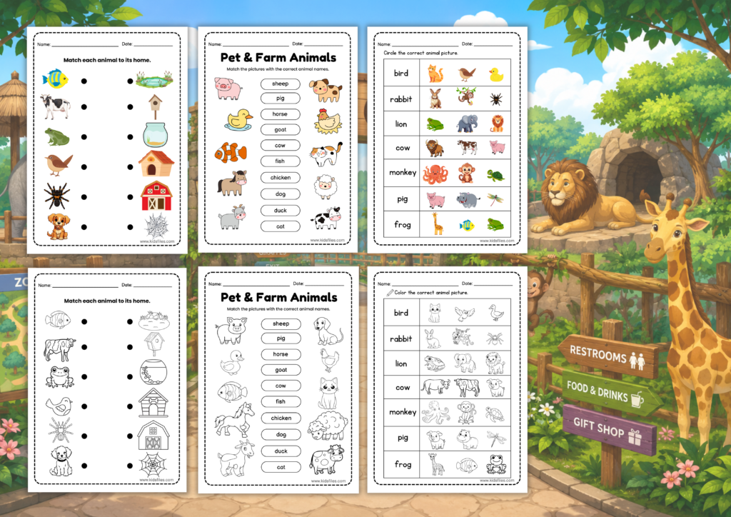 Free animal worksheets for young learners.